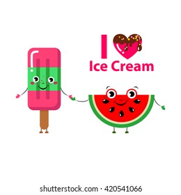 Set of Vector illustration of cartoon funny ice creams and watermelon with happy smiling faces for kids designs and decorations, isolated on white