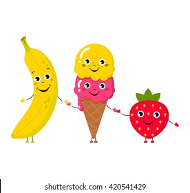 Set of Vector illustration of cartoon funny ice creams and banana with happy smiling faces for kids designs and decorations, isolated on white