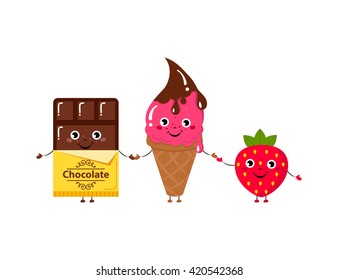 Set of Vector illustration of cartoon funny ice creams and strawberry and chocolate with happy smiling faces for kids designs and decorations, isolated on white