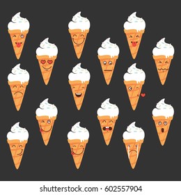 Set of Vector illustration of cartoon funny ice creams with happy smiling faces for kids designs and decorations, isolated on white