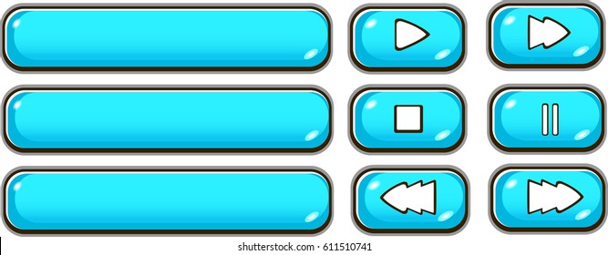 A set of vector illustration cartoon game user interface buttons play, stop, pause, fast forward, rewind. Cells for commands