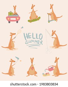set of vector illustration of cartoon kangaroo on summer vacations
