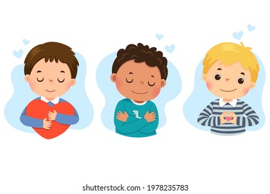 Set of vector illustration cartoon of little boys hugging themself. Self love, self care, positive, happiness concept.