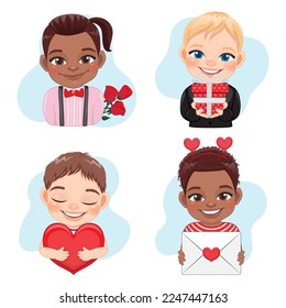 Conjunto de dibujos animados de ilustraciones vectoriales de niños multiculturales en el concepto de San Valentín, abrazando el corazón, sosteniendo una caja de regalo, flor de rosa y personaje de caricatura de carta de amor.