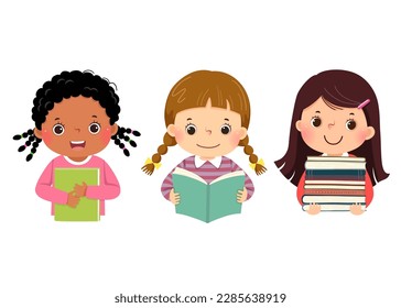 Set of vector illustration cartoon of little girls with books. Book lover concept