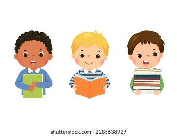 Set of vector illustration cartoon of little boys with books. Book lover concept