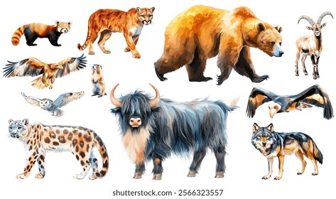 set of vector illustration of a cartoon mountain animals animation, painted with watercolor, isolated on a white background