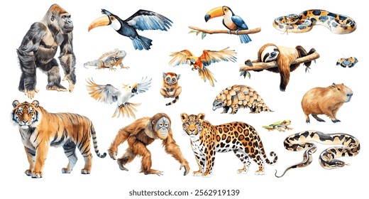 set of vector illustration of a cartoon rain forest animals animation, painted with watercolor, isolated on a white background