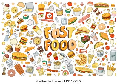 Set of Vector illustration Cartoon style. Fast food objects. This collection include hamburger, snack, burger, french fries, barbecue, drinks and other items. Perfect for design logo, signboard, adver