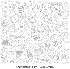 Set of Vector illustration Cartoon style. Fast food objects. This collection include hamburger, snack, burger, french fries, barbecue, drinks and other items. Perfect for design logo, signboard, adver