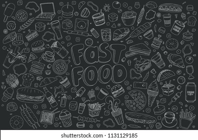 Set of Vector illustration Cartoon style. Fast food objects. This collection include hamburger, snack, burger, french fries, barbecue, drinks and other items. Perfect for design logo, signboard, adver