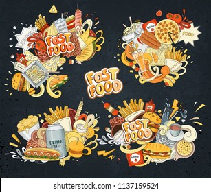 Set of Vector illustration Cartoon style. Fast food objects. This collection include hamburger, snack, burger, french fries, barbecue, drinks and other items. Perfect for design logo, signboard, adver