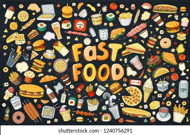 Set of Vector illustration Cartoon style. Fast food objects. This collection include hamburger, snack, burger, french fries, barbecue, drinks and other items. Perfect for design logo, signboard, adver