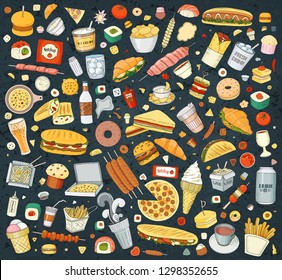 Set of Vector illustration Cartoon style. Fast food objects. This collection include hamburger, snack, burger, french fries, barbecue, drinks and other items.
