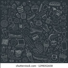 Set of Vector illustration Cartoon style. Fast food objects. This collection include hamburger, snack, burger, french fries, barbecue, drinks and other items.