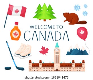 Set of vector illustration in cartoon style. Welcome to Canada. Travel across North America. Traditional elements of Canada. Insulated on white background
