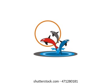 Set of vector illustration of cartoon whales and dolphins. 