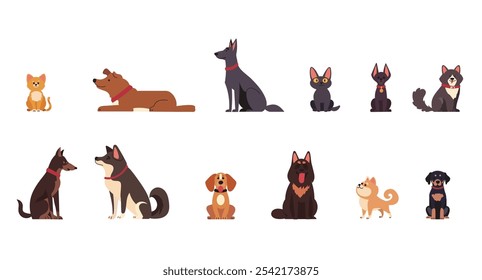 Set vector illustration cats and dogs in different poses. Isolated icons cartoon characters at different age pets.