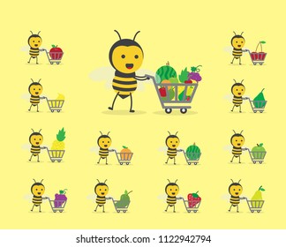 set vector illustration character cartoon design cute honey yellow bee mascot holding trolley market shopping cart with many fruits in yellow background