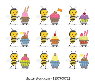 set vector illustration character cartoon design cute honey yellow bee mascot holding trolley market shopping cart with sweet cupcake for dessert or dessert celebration in white background