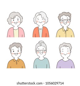 Set vector illustration character design portrait of elderly people different emotion.Isolated on white.Draw doodle cartoon style.