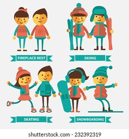 Set of vector illustration with the characters in gear for winter sports. Couple in a warm sweater, couple skiing, skating couple, couple on the snowboard. Flat style.