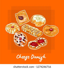 set Vector illustration of cheese danish bread, vector bread.