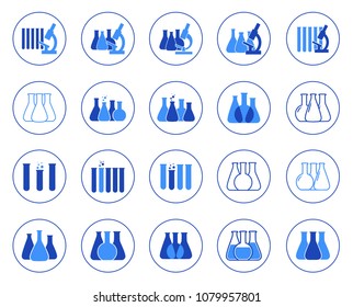 Set of vector illustration of chemical lab icons. Micro biology laboratory flask, test tube, microscope symbol. Scientist laboratory equipment isolated.