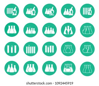 Set of vector illustration of chemical lab icons. Micro biology laboratory flask, test tube, microscope symbol. Scientist laboratory equipment isolated.