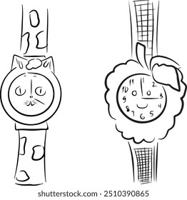 Conjunto de Ilustración vectorial de reloj para niños con manecillas, estilo gato y frambuesa, diseño lindo, dibujado en estilo de arte de línea. Icono para el embalaje. pegatinas, etiquetas.

Язык ключевых слов: Inglés