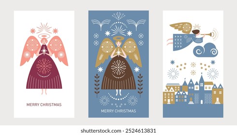 set of vector illustration Christmas Angels, vertical format