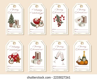 Set of vector illustration of christmas and happy hew year wishes gift labels and badges.