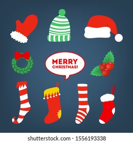 Set of vector illustration of christmas and new year stickers. Colorful isolated elements of christmas decoration and text banners for party and online chatting. Doodle icon in cartoon style