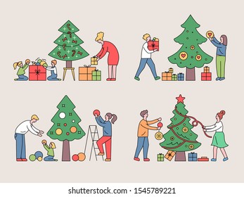 Set of vector illustration in Christmas style with boy and girl preparing to celebrate the new year. Couple dresses up Christmas tree, gives gifts, walks together.