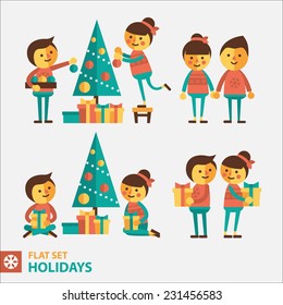 Set of vector illustration in Christmas style with boy and girl preparing to celebrate the new year. Couple dresses up Christmas tree, gives gifts, walks together.