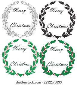 Set of Vector illustration Christmas wreath of holly with red berries. Green leaf with greeting with text Merry Christmas. Icon isolated on white background. New Year's Eve celebration in December