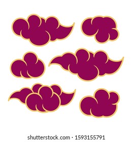 Set of vector illustration of clouds. Six maroon-colored cloud styles. Flat vector object