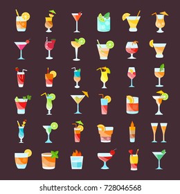 Set vector illustration of coctails. Flat elements on white background.