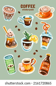 Set of vector illustration of coffee based drinks. Pack of ready to print stickers. Blue, orange, brown, beige, yellow colors. Hand drawn cartoon flat vector illustration