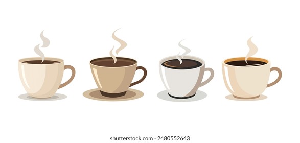 Set of vector illustration of a coffee cup with steam rising isolating on white background