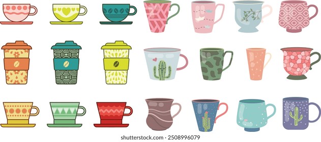 Set of vector illustration of a coffee cup with steam rising isolating on white background