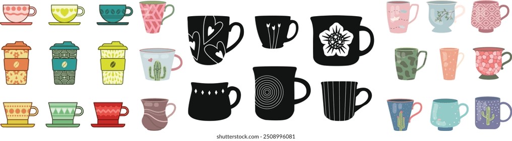 Set of vector illustration of a coffee cup with steam rising isolating on white background