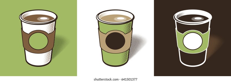 Set of vector illustration of coffee cups with cardboard sleeve. Full cup of coffee, latte, espresso, or cappuccino with foam on top. Beverage illustration with empty space for copy or logo.