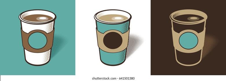 Set of vector illustration of coffee cups with cardboard sleeve. Full cup of coffee, latte, espresso, or cappuccino with foam on top. Beverage illustration with empty space for copy or logo.