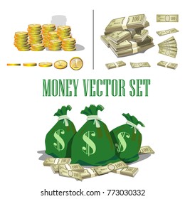 set of vector illustration coins, paper money, dollars and money bags
