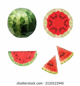 Set of vector illustration collection of sliced ​​watermelon, half watermelon, whole watermelon in low poly style.