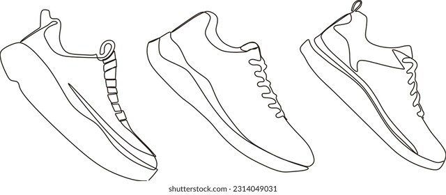 set Vector illustration collection of sport shoes sneakers in one continuous line isolated white background