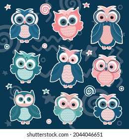 Set of vector illustration of colorful owls in flat style. Poster, banner, label or sticker template. EPS10