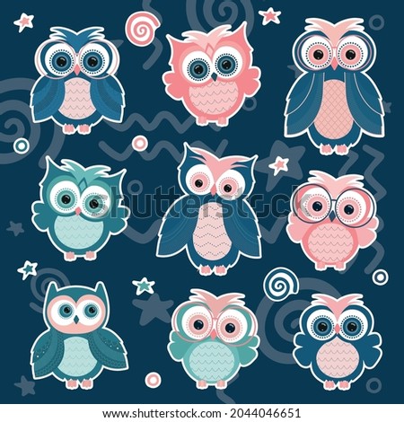 Set of vector illustration of colorful owls in flat style. Poster, banner, label or sticker template. EPS10