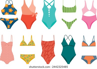 Set of vector illustration of colorful swimsuit. Cute hand drawn fashionable bikini in flat style	